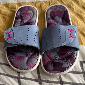 Under Armour Light Blue and Pink Girls' Slide Sandals with Patterned Insole